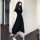 Mock Two-piece Long-sleeve Midi A-line Dress Black - One Size