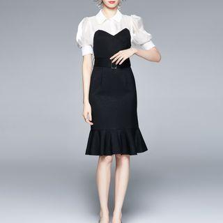 Mock Two-piece Short-sleeve Belted Mermaid Dress