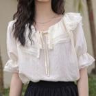 Short-sleeve Frill Trim Tie-front Blouse