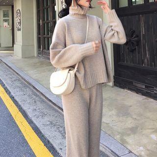 Set: Mock-neck Sweater + Wide-leg Pants
