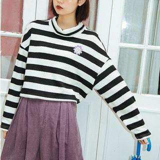 Striped Embroidered Mock-neck Sweater