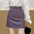 Plain Faux Leather Mini A-line Skirt With Belt