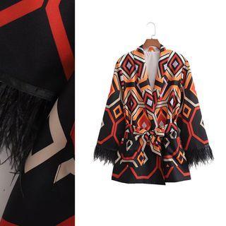 Feather Hem Geometric Print Blazer