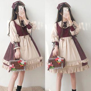 Plaid Panel Long-sleeve A-line Dress / Bow Headband / Set