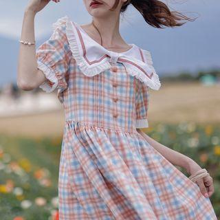 Short-sleeve Sailor-collar Plaid Mini Dress