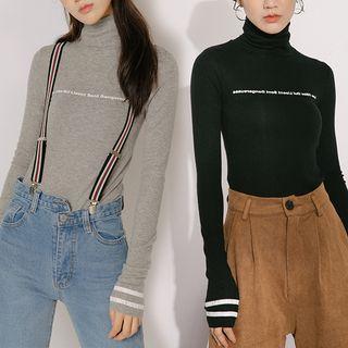 Long-sleeve Turtleneck Lettering Knit Top