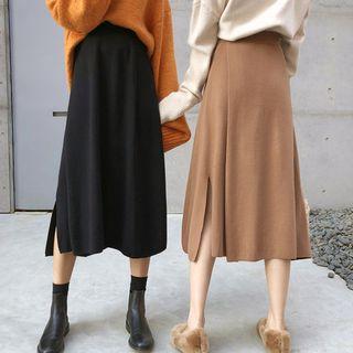 Side Slit Midi A-line Knit Skirt