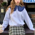 Denim Collar Sweatshirt / Plaid Mini A-line Skirt