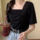 Square-neck Short-sleeve Shirred Blouse