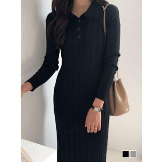 Slit-side Cable-knit Midi Polo Dress