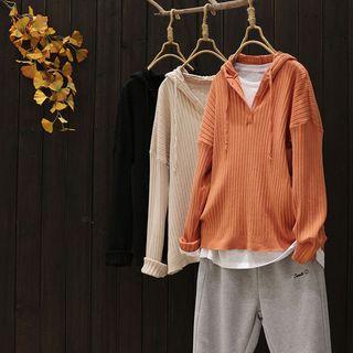 Buttoned Ribbed Knit Hoodie