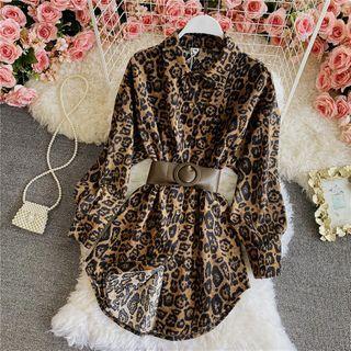Belted Leopard Corduroy Slim-cut Shirt