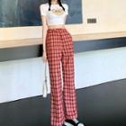 Printed Crewneck Short-sleeve Top / Plaid High-waist Pants