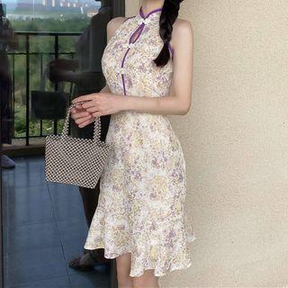 Sleeveless Floral Print Mermaid Qipao Dress