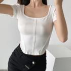 Short-sleeve Square-neck Ribbed Plain Crop Top