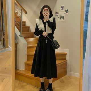 Long-sleeve Ruffled Top / Midi A-line Skirt