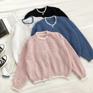 Color-block Trim Crewneck Long-sleeve Cardigan