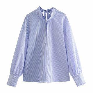 Long-sleeve Tie-back Striped Blouse
