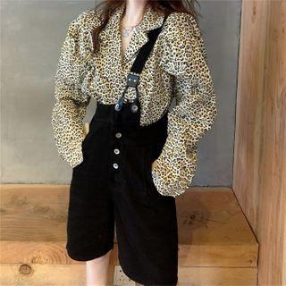 Puff-sleeve Leopard Printed Shirt / Plain Jumper Shorts / Plain Jumper Pants