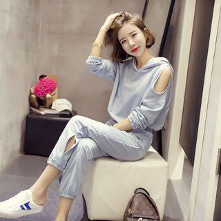 Set: Shoulder-cutout Hoodie + Jogger Pants