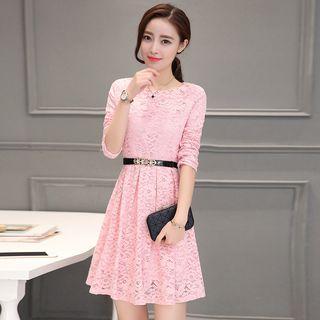Elbow-sleeved Crewneck A-line Plain Lace Dress