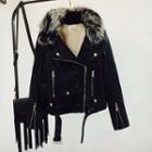 Faux Fur Trim Faux Leather Jacket