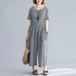 Checked Short-sleeve Cropped Wide-leg Jumpsuit