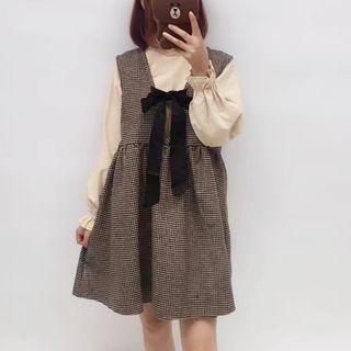 V-neck Lace-up Gingham Pinafore Dress Dark Brown - One Size