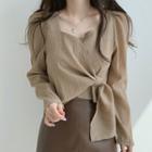 Puff Long-sleeve Square Neck Plain Asymmetric Knotted Top