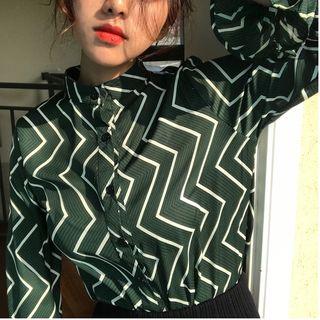 Pattern Stand-collar Long-sleeve Chiffon Blouse