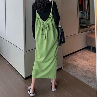 Plain Long-sleeve T-shirt / Tie Back Midi Spaghetti Strap Dress