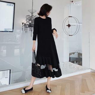 Long-sleeve Plain Mesh Panel Midi Dress