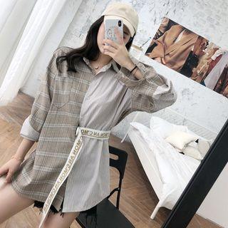 Striped Panel Plaid Long Shirt Shirt - One Size