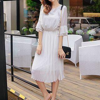 Pleated Bell-sleeve Midi Dress
