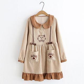 Long-sleeve Cat Embroidered Mini Dress