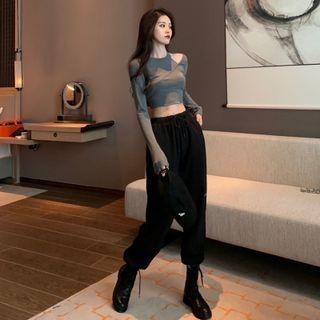 Cutout-shoulder Crop T-shirt / Drawstring Loose Jogger Pants