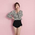 Plain Swimsuit / Floral Print Cover-up / Waterproof Pouch / Set