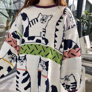 Cartoon Pattern Long Sweater White - One Size