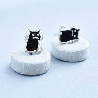 925 Sterling Silver Cat Earring Black - One Size