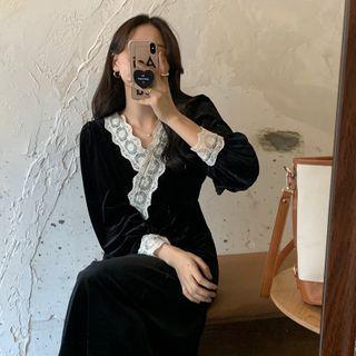 Puff-sleeve Lace Trim Velvet Dress Black - One Size