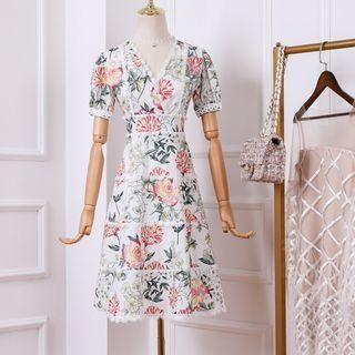 Floral Print Lace Trim Dress