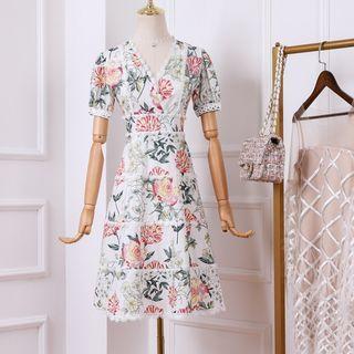 Floral Print Lace Trim Dress