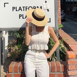 Sleeveless Frilled Crop Rib-knit Top