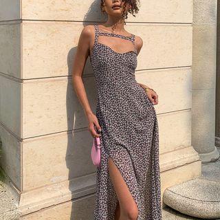 Floral Cutout Split A-line Dress