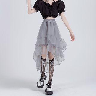 Puff-sleeve Off-shoulder Halter Neck Top / Asymmetrical Midi A-line Skirt
