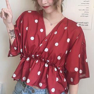 Elbow-sleeve Dotted Top White Dots - Red - One Size