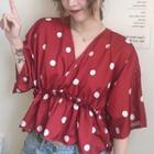 Elbow-sleeve Dotted Top White Dots - Red - One Size