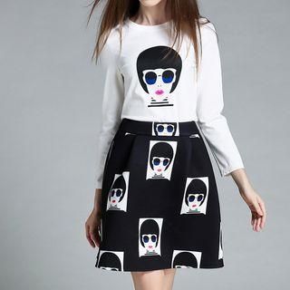 Set: Printed 3/4 Sleeve T-shirt + Mini A-line Skirt
