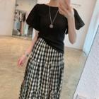 Puff-sleeve T-shirt / Plaid Midi A-line Skirt