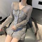 Long-sleeve Paneled Mini A-line Tweed Dress As Shown In Figure - One Size